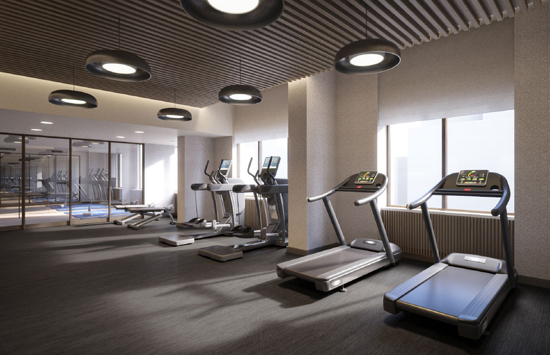 rendering of a gym with treadmills